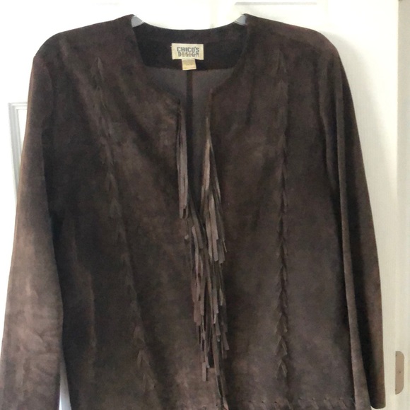 Chico’s Brown Leather Suede Collarless Jacket Coat Topper with Fringe Trim - Picture 3 of 16